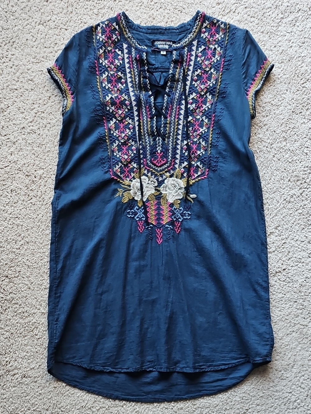 Johnny Was Navy Embroidered Top